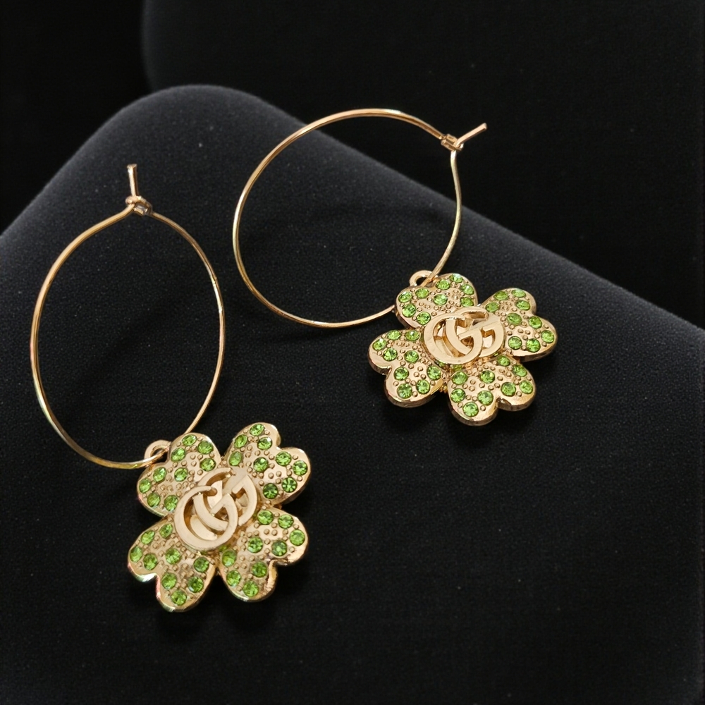 St. Patrick's Day Gucci Clover Zipper Pull Charms Gold Hoops Earrings